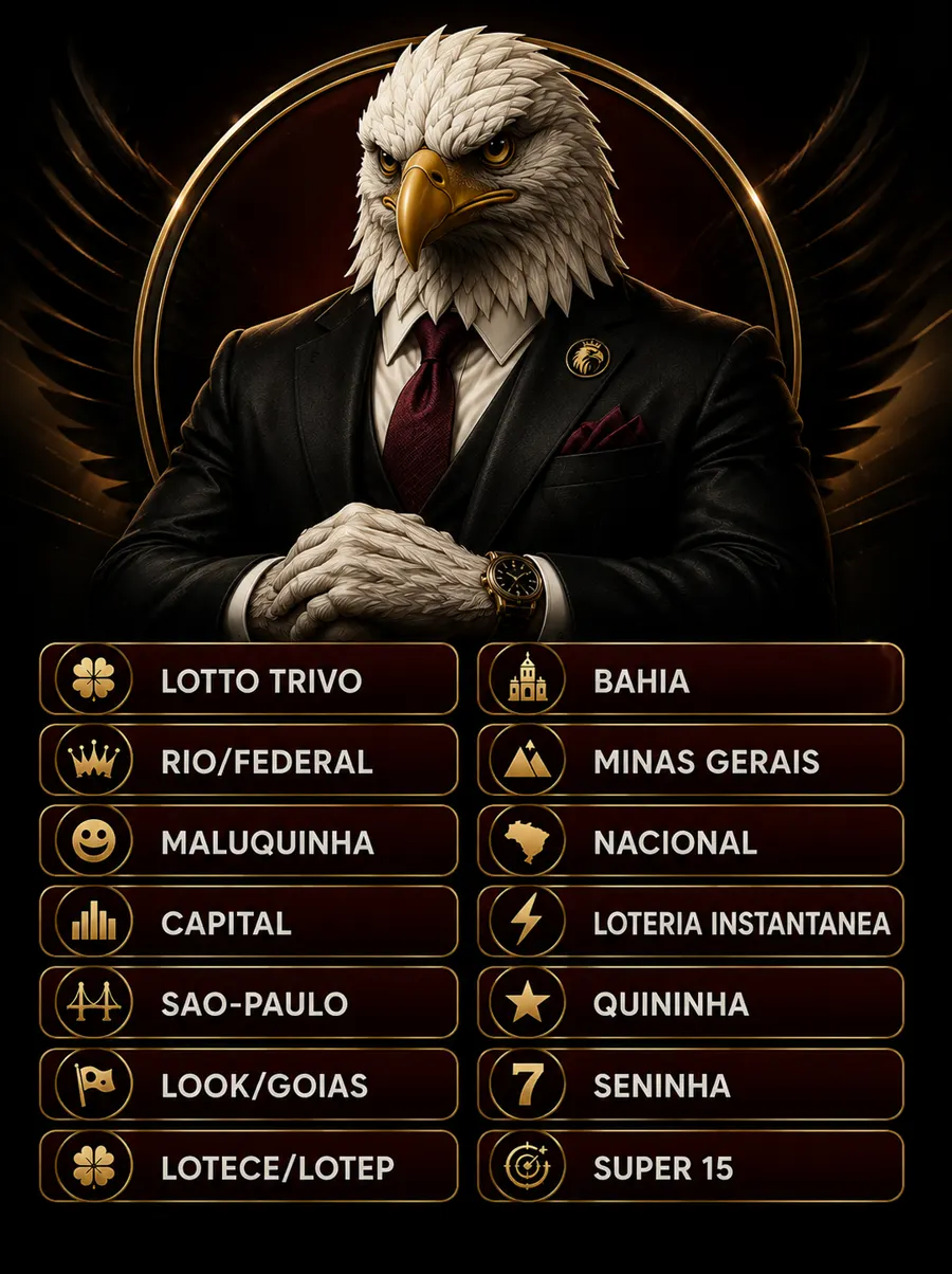 Principais loterias disponíveis na Águia Prime: Lotto Trivo, Rio/Federal, Maluquinha, Capital, São Paulo, Look/Goiás, Lotece/Lotep, Bahia, Minas Gerais, Nacional, Loteria Instantânea, Quininha, Seninha e Super 15