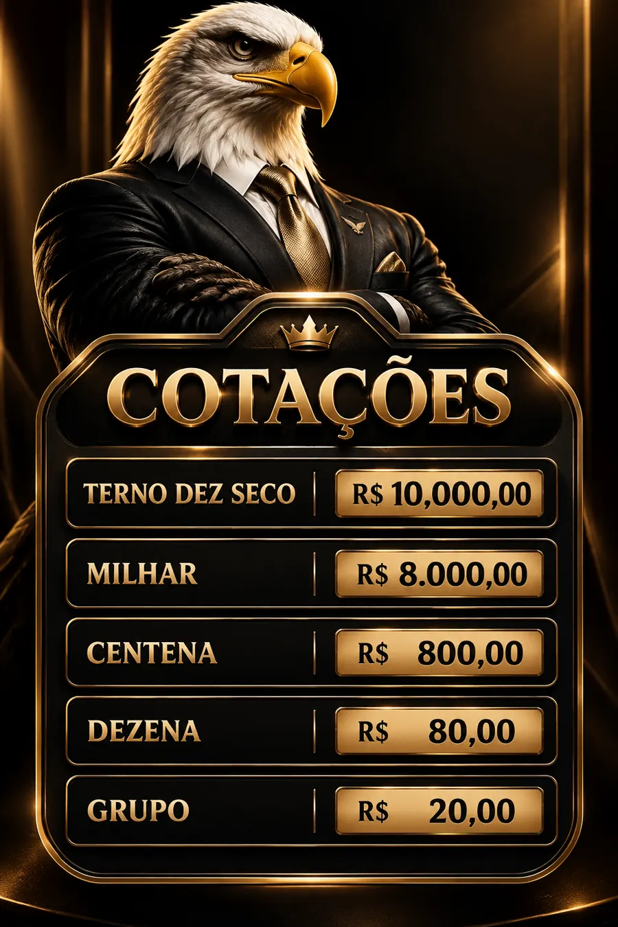 Tabela de cotações Águia Prime: Terno Dez Seco R$ 10.000,00, Milhar R$ 8.000,00, Centena R$ 800,00, Dezena R$ 80,00 e Grupo R$ 20,00